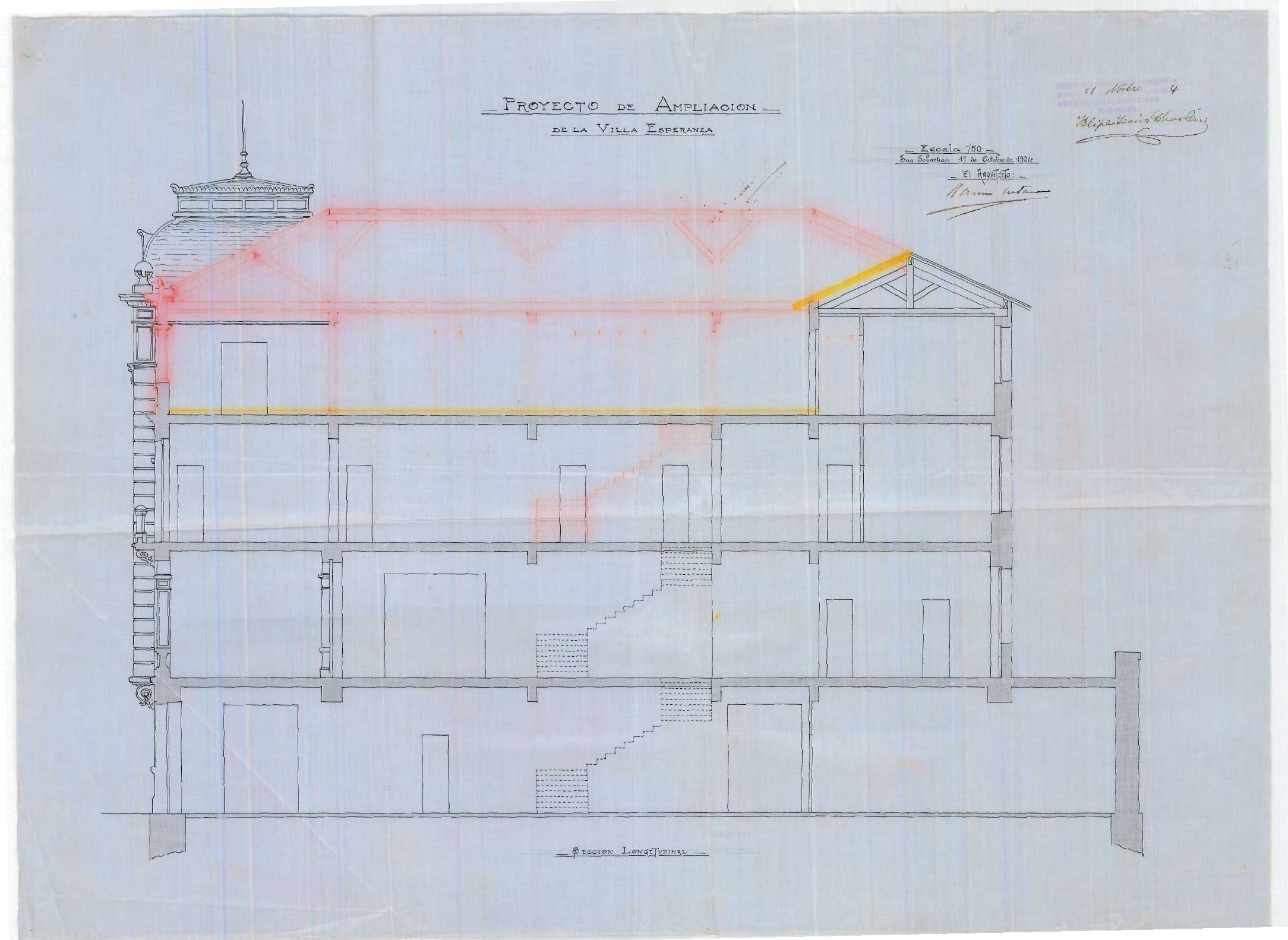 Sección longitudinal de la ampliación de 1924